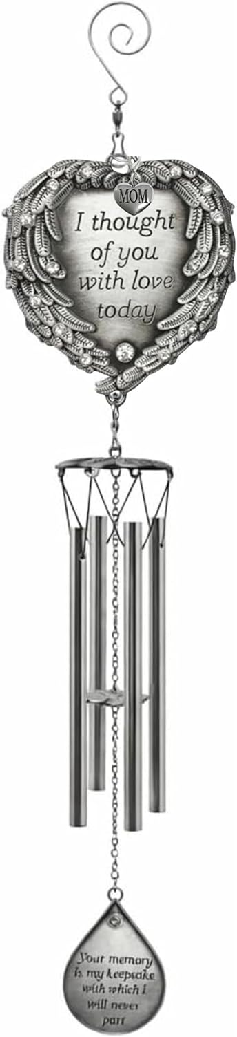 Mom Memorial Wind Chimes with Angel Wings Heart - Sympathy Gift for Loss of Mother - Pewter Hanging Remembrance Chime with Loving Poem - Porch Patio Bereavement Decor - 23 Inch