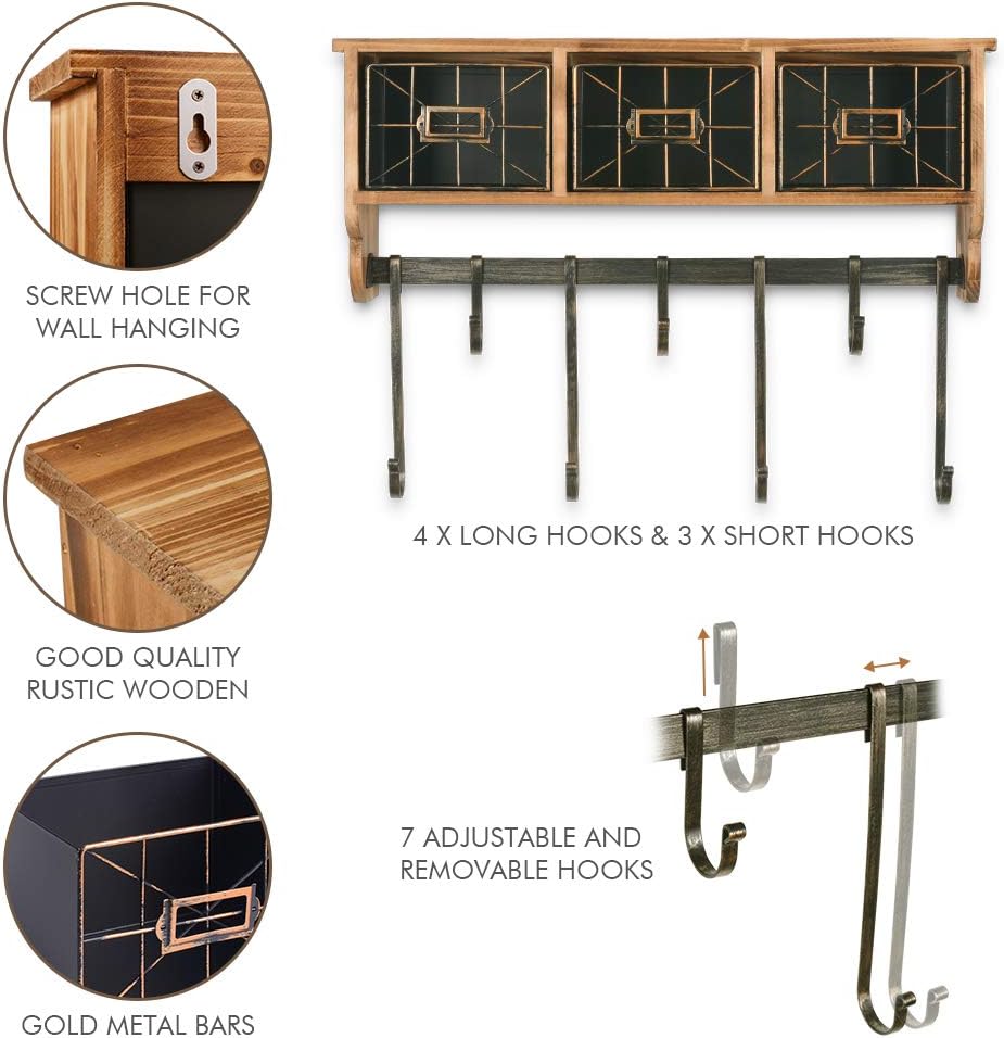 Rustic Wall Shelf with Hooks & Baskets, Coat Rack Wall Mount Shelf with 7 Hooks and Cubbies, Solid Wooden Coffee Bar Shelf Hanging Mug Rack for Kitchen Living Room (Brown)