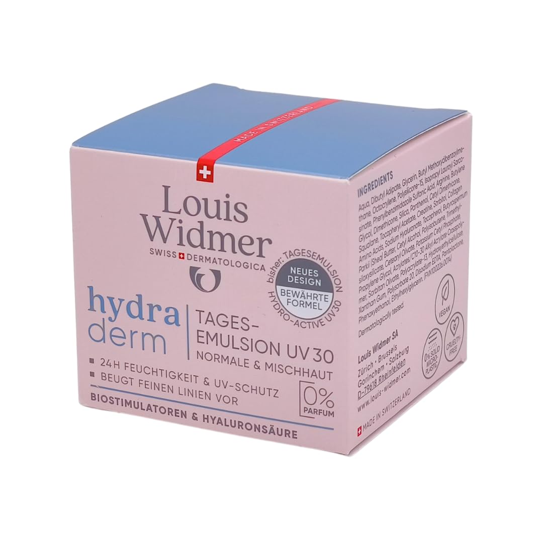 Louis Widmer hydraderm Tagesemulsion UV30 unparfümiert 2x 50 ml I für normale & Mischhaut I Anti-Ageing Tagespflege I Feuchtigkeit I Lichtschutzfaktor 30 I Spar-Set plus Pharma Perle give-away