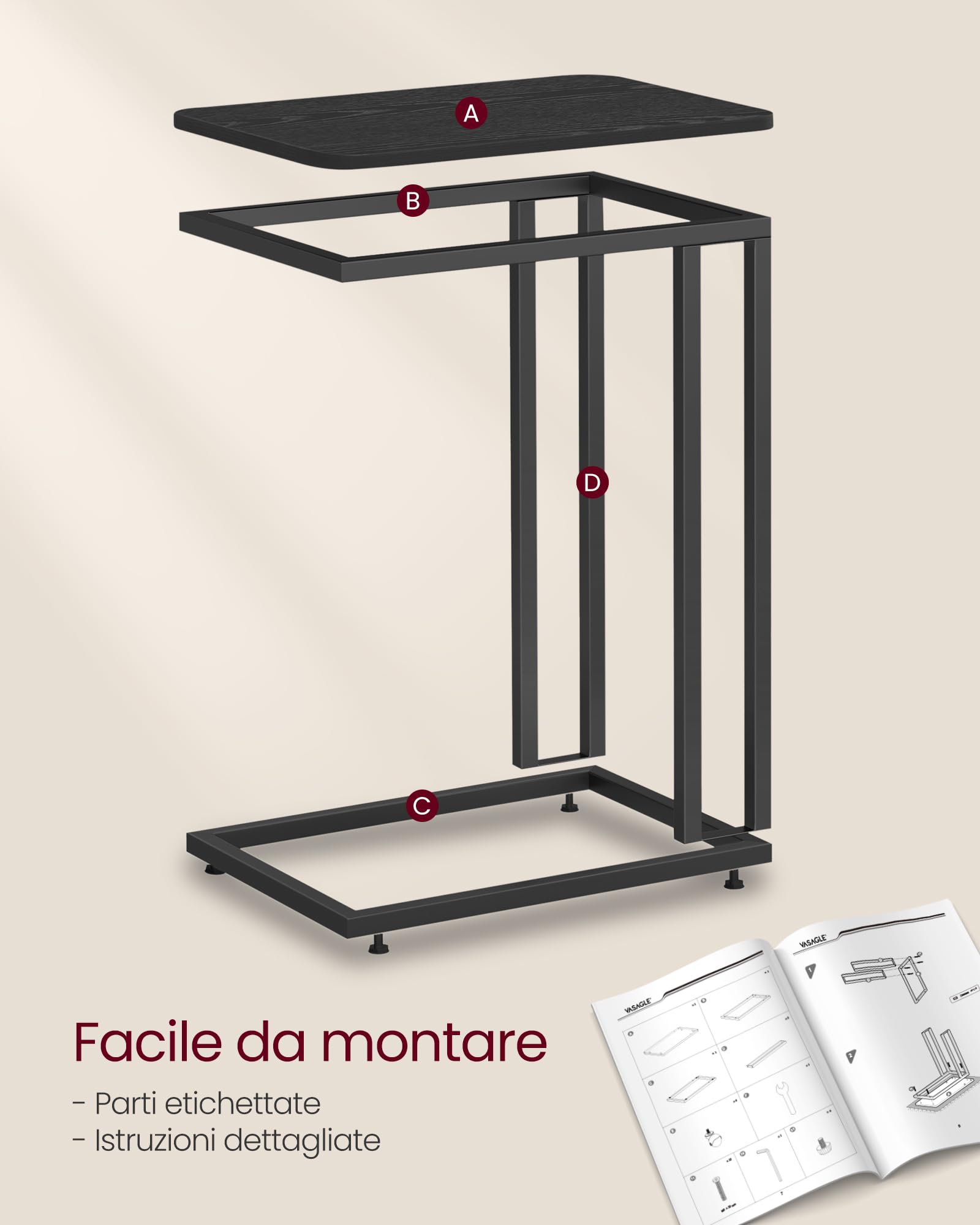 VASAGLE Tavolino da Letto con Ruote, Tavolino Mobile da Salotto, Comodino, Carrello, Soggiorno Camera da Letto, Struttura in Acciaio, Montaggio Facile, Nero Ebano LNT050B56
