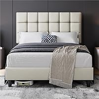 Yaheetech Letto Imbottito 140 x 200 cm con Testiera Quadrata Altezza Regolabile Doghe in Legno Beige