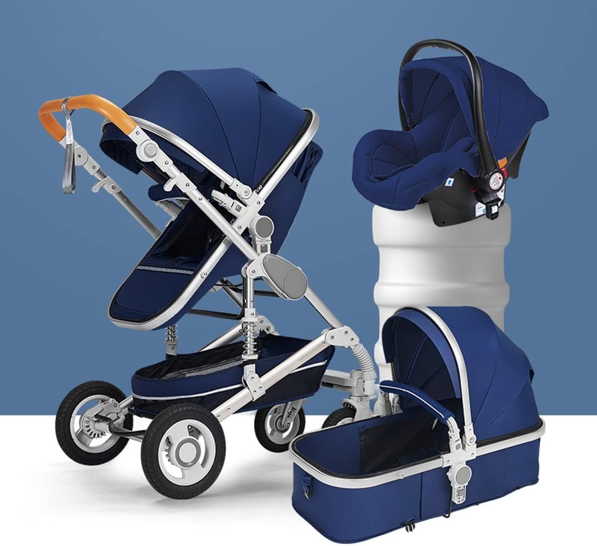 Passeggini per Neonati 3 in 1 Culla per Bambini Passeggino per Dormire con Sedile Reversibile Ti-Shock Springs Carrozzina con Copia Personalizzata, Piatto Piano, Sacco A Pelo, Blue