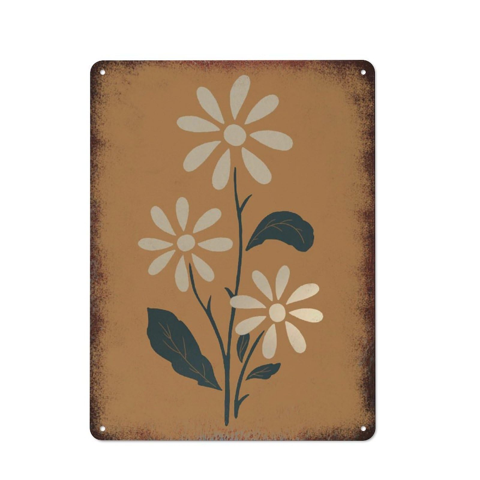 peiyeety Metal Tin Sign White Daisy Flower On Brown Background Pattern Vintage Rustic Wall Art Kitchen Bathroom Bedroom Living Room Cafe Farmhouse Office Garage Home Bar Laundry Room Porch 8x12 Inch
