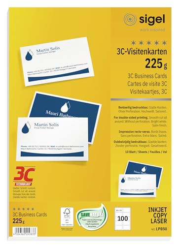 SIGEL LP850 Visitenkarten 3C, 100 Stück (10 Blatt), beidseitig bedruckbar, hochweiß, glatter Schnitt rundum, 225 g, 85x55 mm SIGEL LP850 Visitenkarten 3C, 100 Stück (10 Blatt), beidseitig bedruckbar, hochweiß, glatter Schnitt rundum, 225 g, 85x55 mm