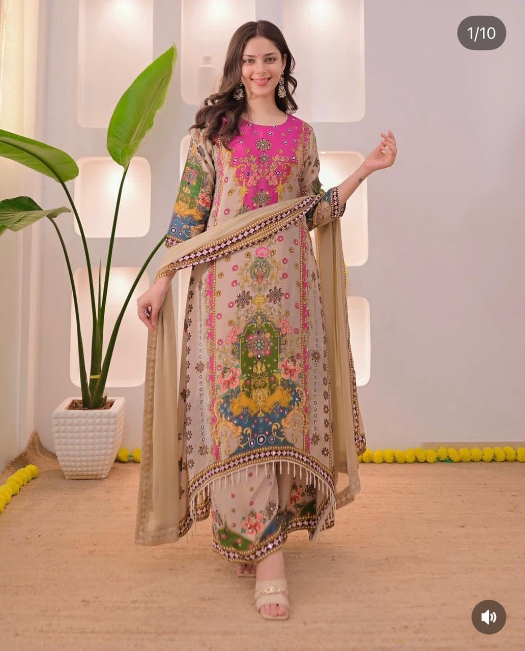 Women’s Muslin Cotton Anarkali Kurti Palazzo Dupatta Set with Necklace | Beige Floral Printed Ethnic Suit |