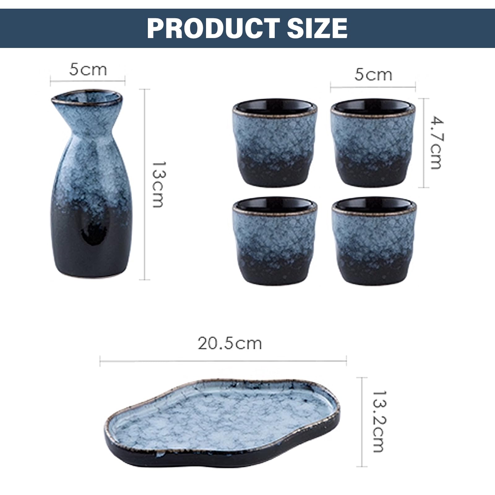 Juego de sake japonés de cerámica, 6 piezas, juego de sake tradicional japonés con 4 vasos de sake de 35 ml, 1 olla de sake de 175 ml, 1 bandeja, esmalte envejecido en horno, porcelana, sake cup