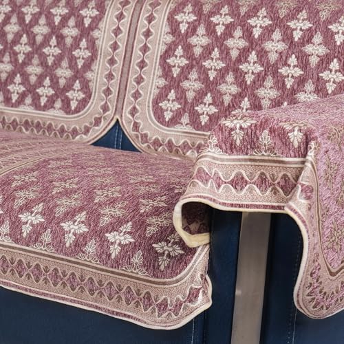 Image of Premium Pink Chenille Woven Anti-Slip 5 Seater Sofa Cover with Armt Rest | L-Shape Sofa Seat Protector for Living Room | Durable & Stylish Slipcover - Onion Pink - Floral