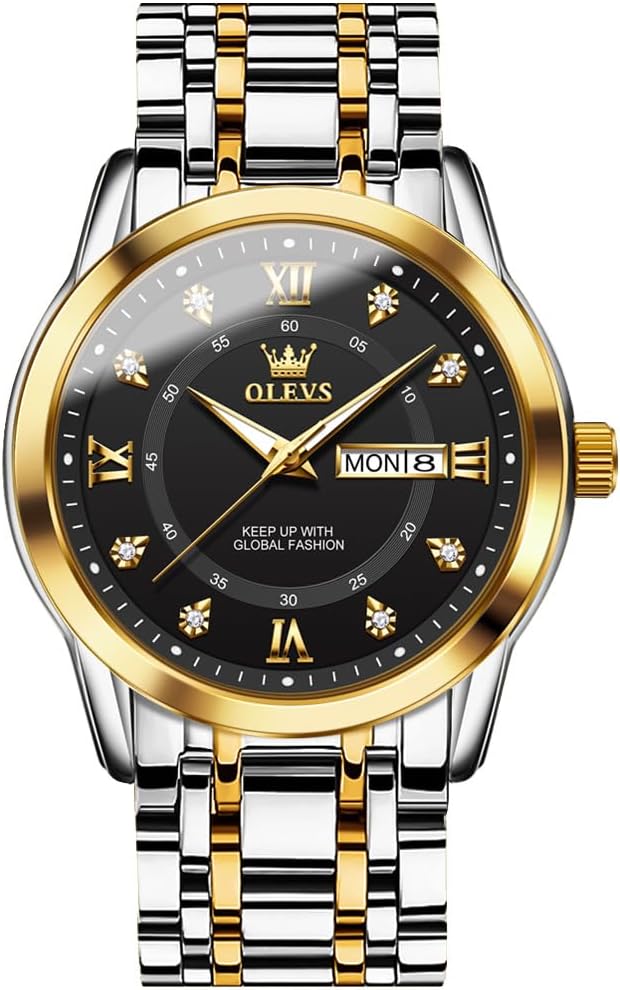 Men's Watch Luxury Business Dress Watch UK Diamond Design Quartz Stainless Steel Waterproof Luminous Week Calendar Gift