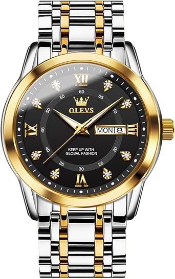OLEVS Men's Watch Luxury Business Dress Watch UK Diamond Design Quartz Stainless Steel Waterproof Luminous Week Calendar Gift