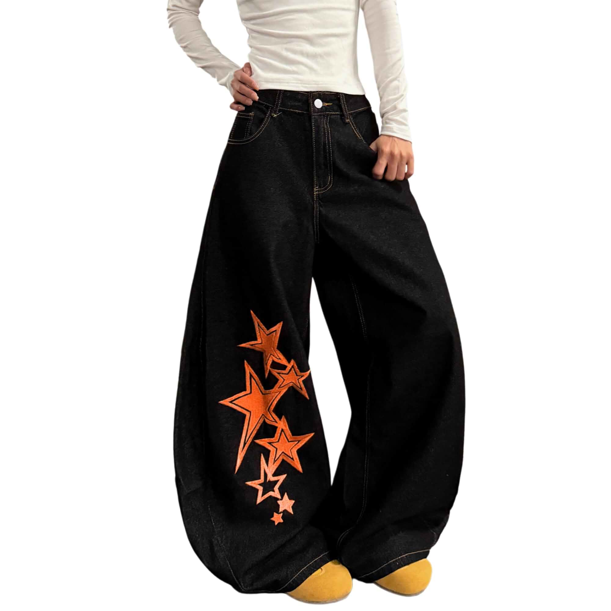 Wide Leg Baggy Jeans Women Streetwear Pants Loose wide leg black jeans with blue star graphic design, high waist Y2K streetwear style