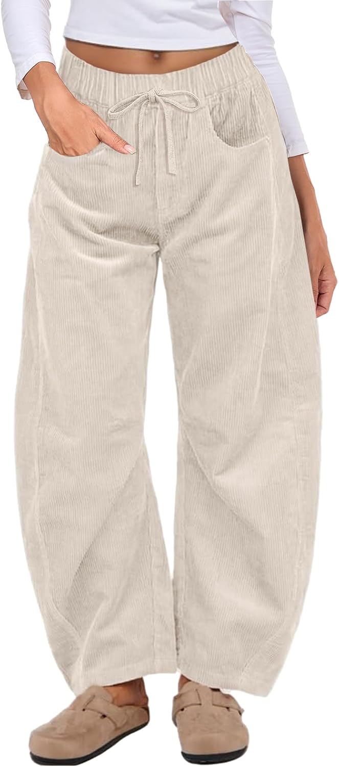 HOTIAN Womens Corduroy Pants Barrel Mid Rise Elastic Waist Loose Comfy Casual Baggy Trouser with Pockets