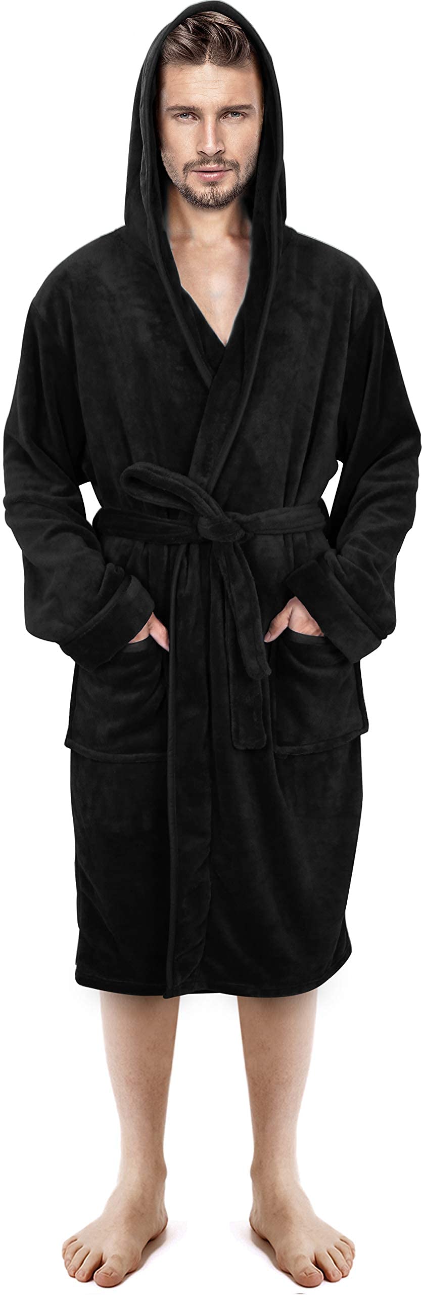 NY ThreadsLuxury Men’s Hooded Dressing Gown Super Soft Men’s Fleece Robe Cozy Hooded Plush LoungewearOEKO-TEX STANDARD 100