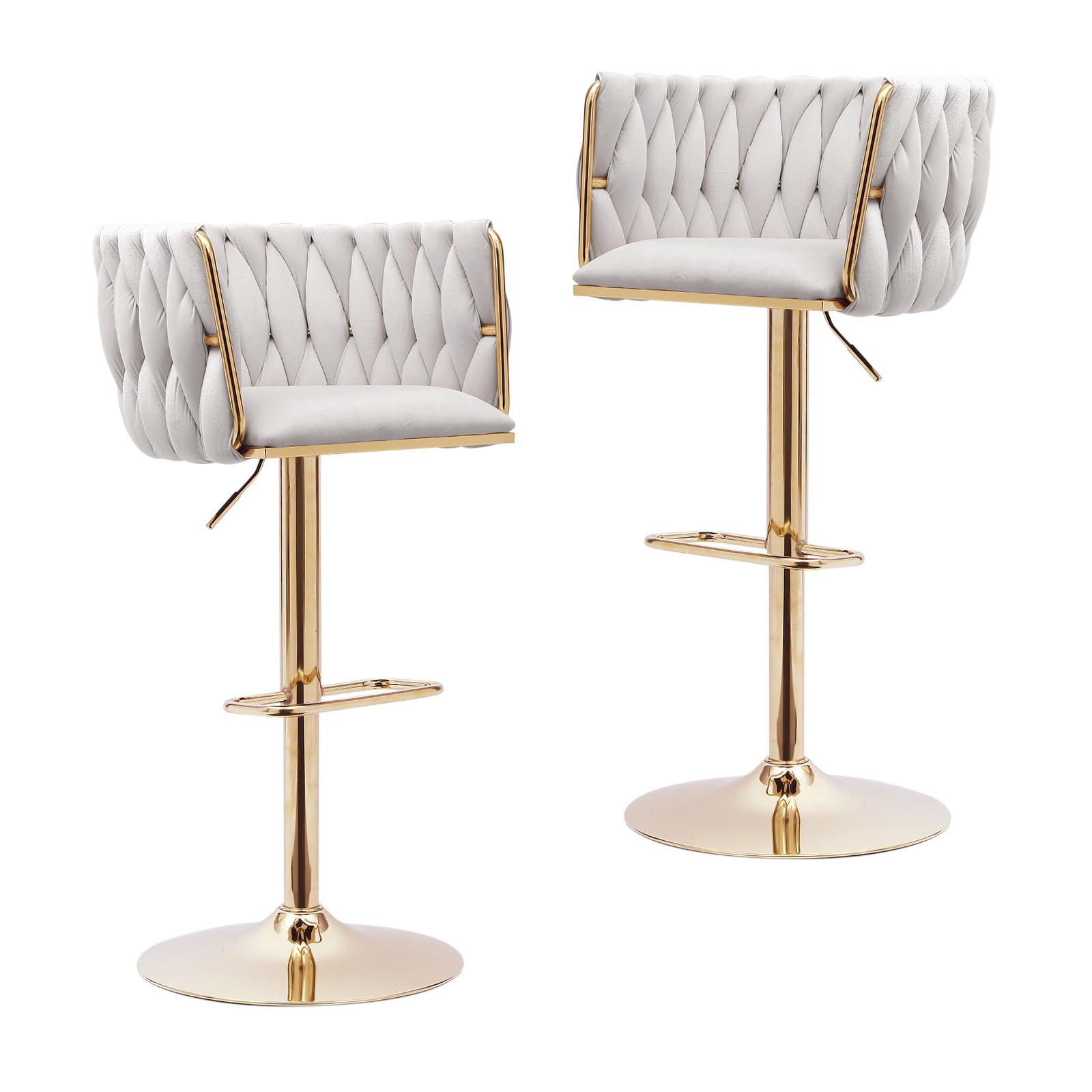 Kiztir Velvet Bar Stools Set of 2 Swivel Counter Height Bar Stools Adjustable Bar Chairs with Woven Back and Footrest for Kitchen Island, Cafe, Pub (
