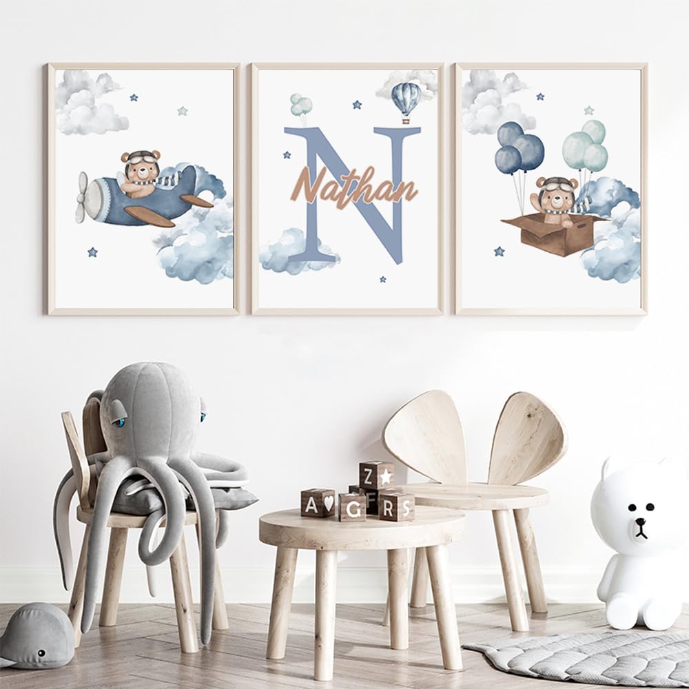 3 Affiche Chambre Bébé Nounours 30X40CM Poster Bleu Enfant Tableau Personnalisé Prenom Garcon Toile Decoration Chambre Bebe Poster Ourson Bebe Cadeau sans Cadre
