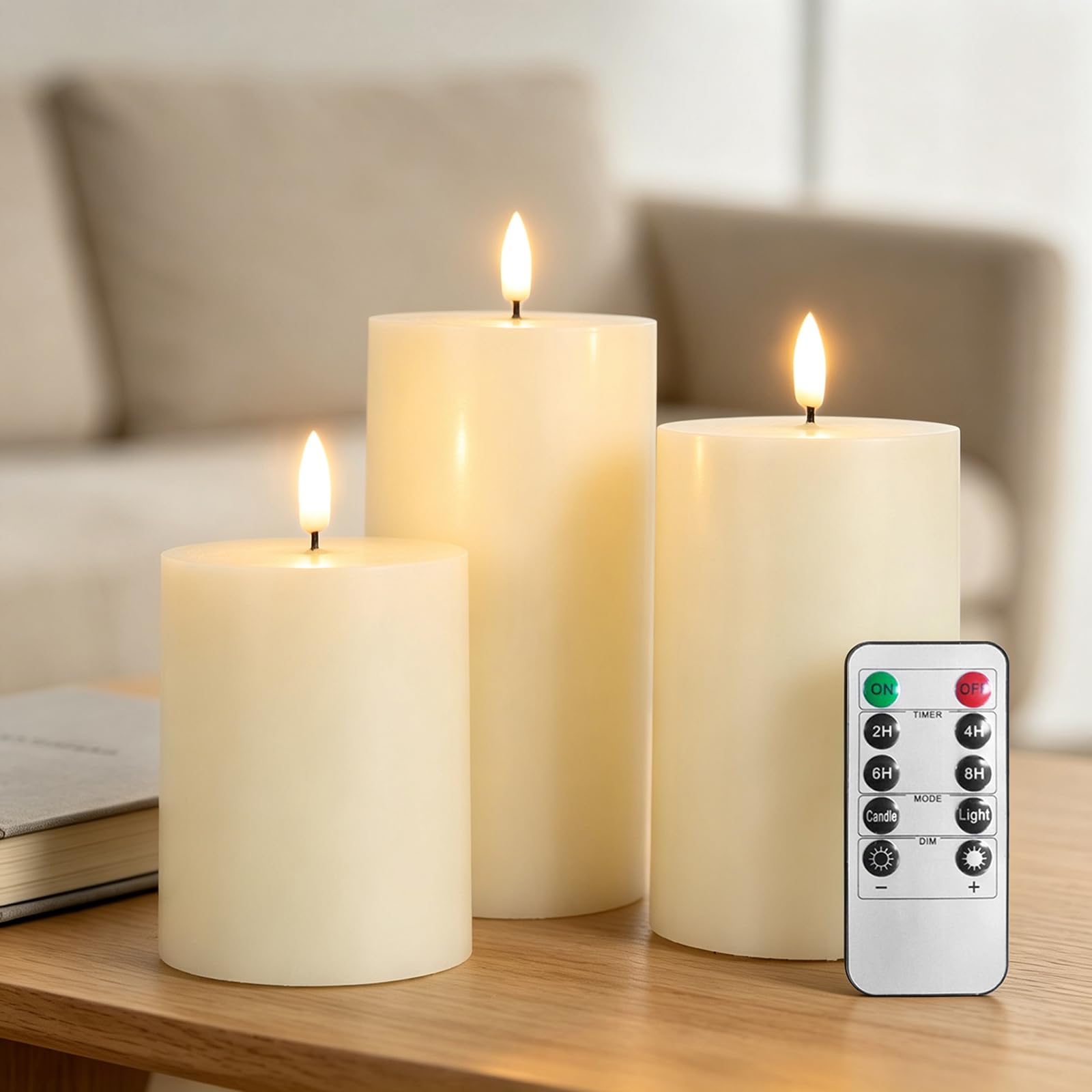 RosMank 3 Set LED Candles, Indoor & Outdoor Candles with 10-Key Remote Timer Control, Flameless, with Flickering Flame, Smooth Real Wax, Decoration for Christmas, Birthday, Wedding, Party, White