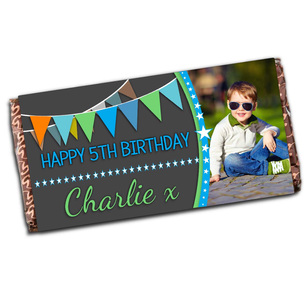 Personalised Boys Stars & Bunting Happy Birthday Photo Milk Chocolate Bar Present Idea N108 5th 6th 8th 10th 12th 13th Any Age