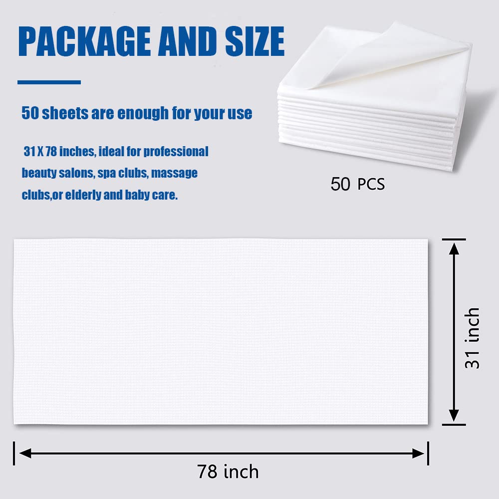 Sábanas desechables, 50 piezas impermeable cubierta de cama para spa tatuaje masaje mesa hoteles tela no tejida 31 pulgadas x 78 pulgadas blanco