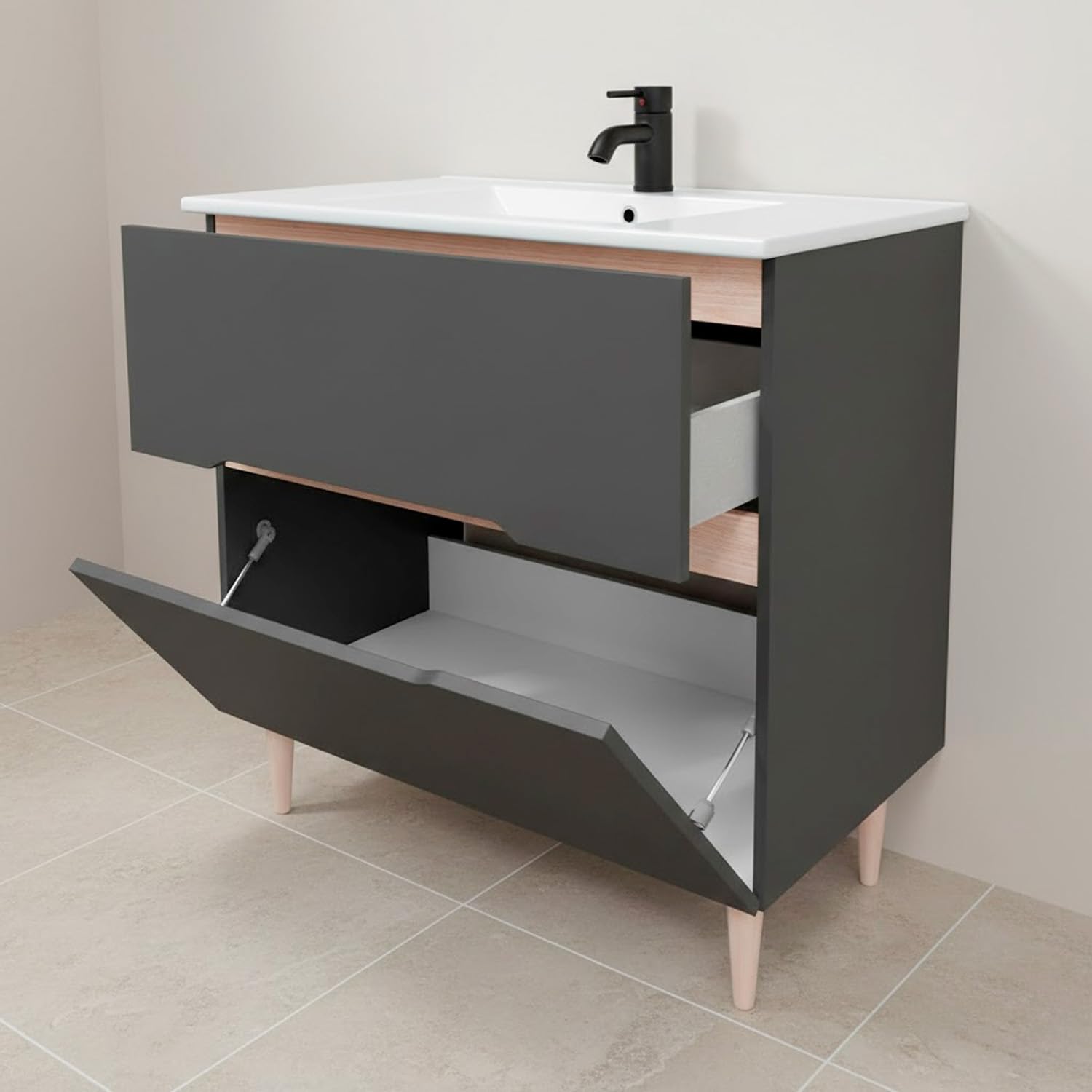 Arreditaly Mobile Bagno A Terra Con Lavabo In Ceramica E Specchio Inclusi 1 Cassetto Soft Close E 1 Anta A Vasistas Design Moderno Salvaspazio 80 x 45 x 80 Cm Colore Grigio Antracite E Rovere