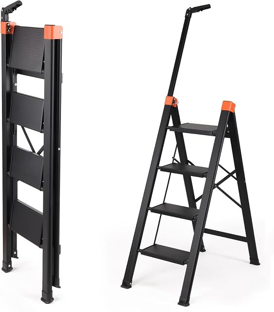 ALPURLAD 4 Step Ladder Aluminum Folding Ladders with Telescopic Hand Rair & Wide Anti-Slip Pedal Adult Step Stool for Kitchen, Garden and Office 330lbs Capacity