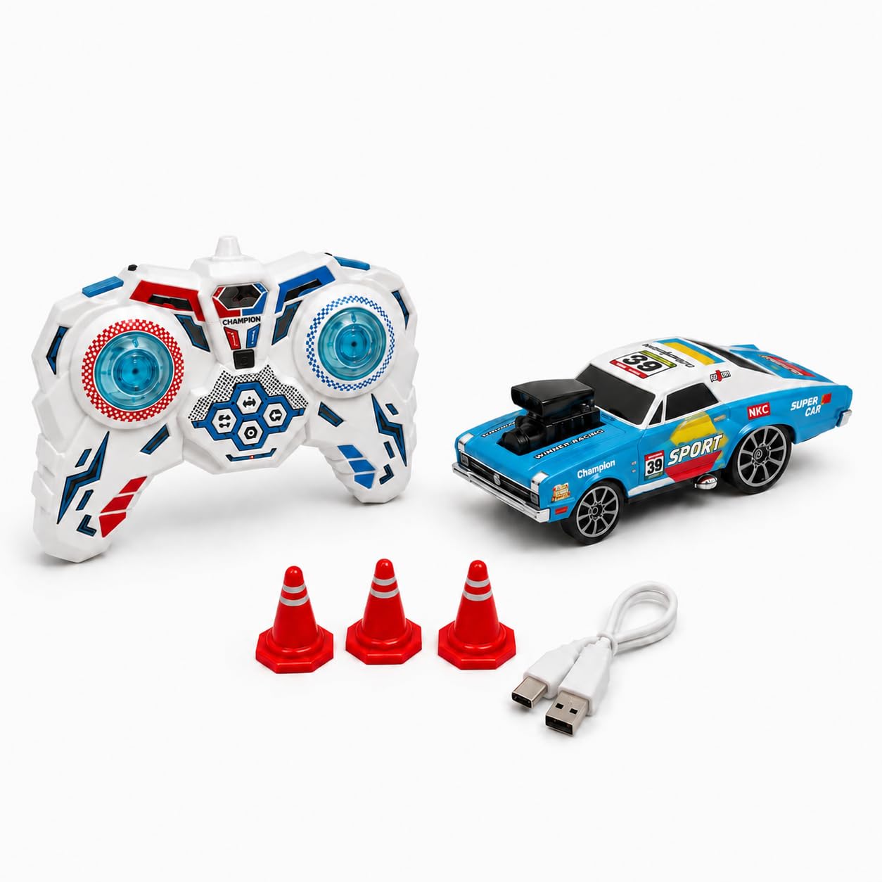 Brand Conquer 2.4GHz RC Drift Car for Kids – Premium Die-Cast Racing Car with LED Lights, Sound Effects, 3-Speed Control, One-Click Drift & Auto Presentation Mode | USB Rechargeable (Blue)-image-48