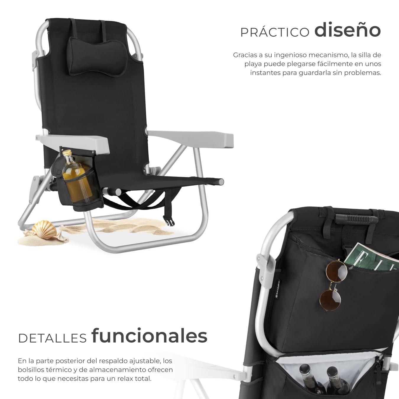 tectake® Silla Playa Plegable con Respaldo Ajustable, Estructura de Aluminio, Función Mochila, Silla Camping Ligera, Ideal cómo Sillas Playa o Sillas Plegables Camping para Relax - 1 Unidad Negro