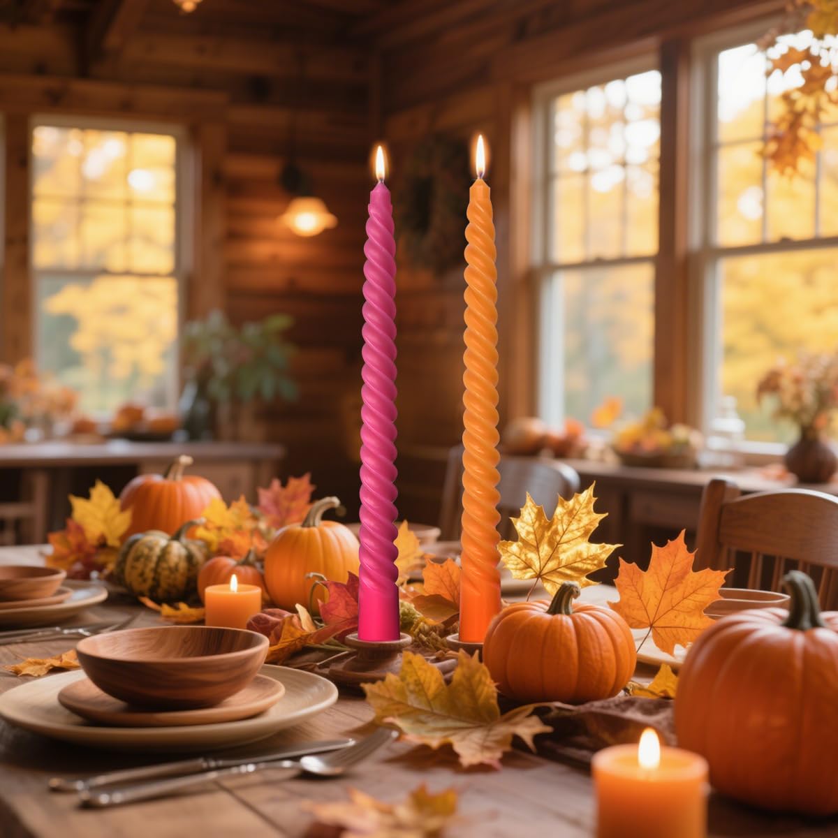 Paquete de 10 velas cónicas en espiral color naranja y rosa intenso para decoración del hogar de vacaciones, candelabros trenzados sin goteo de 10 pulgadas para cena, fiesta, boda, Halloween, Acción