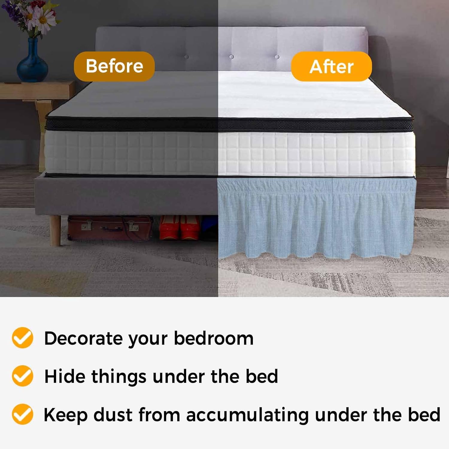Wrap Around Bed Skirts for Queen Beds,Sky Blue Solid Color Ruffle Bed Skirt with Adjustable Elastic Belts Easy Fit 16 Inch Drop Retro Linen Minimalist Style