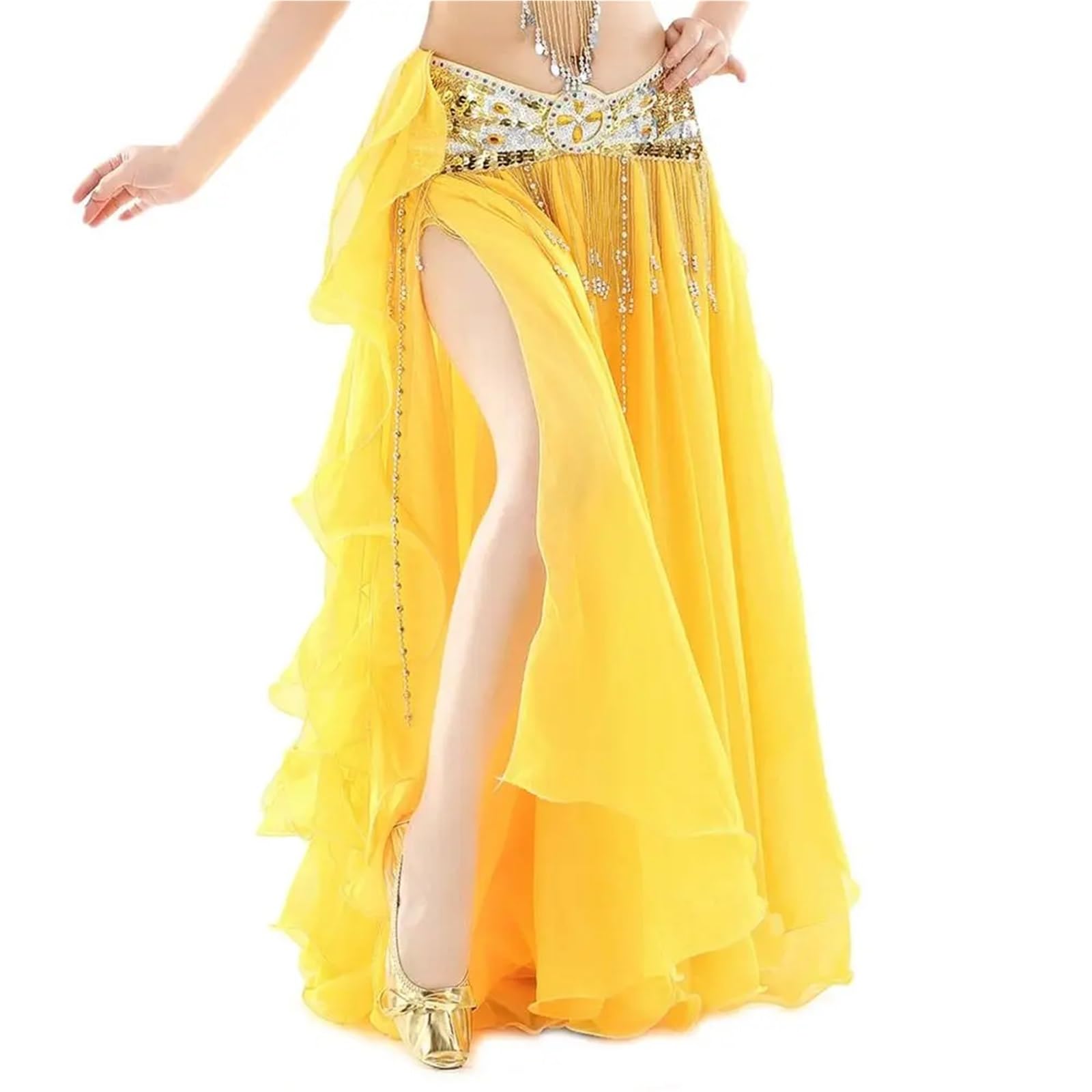 TRRYUIP Belly Dance Skirt Belly Dancing Women Chiffon Skirt Shiny Sequins Tassels Show Costumes(Yellow)