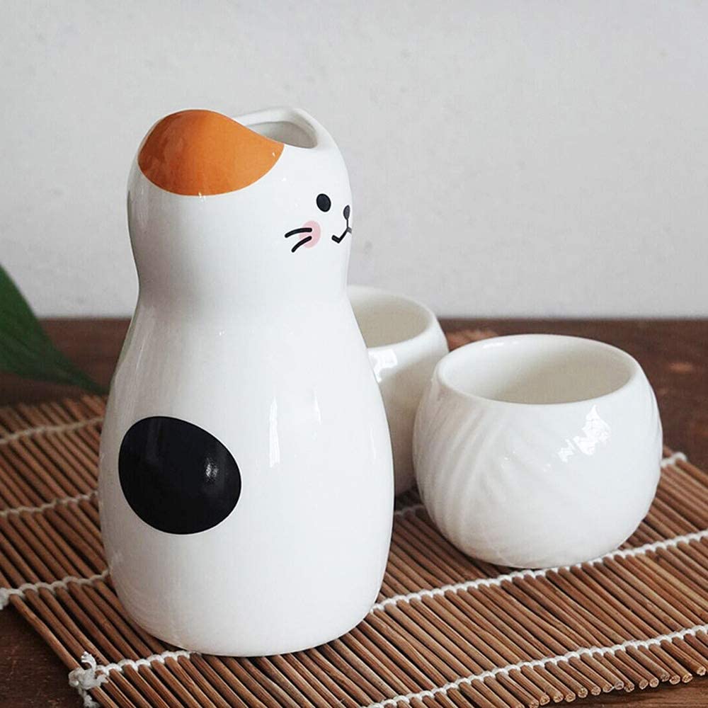 Juego de tazas de sake de cerámica japonesa para gatos de calicó y 2 tazas, juego de regalo de 3 piezas