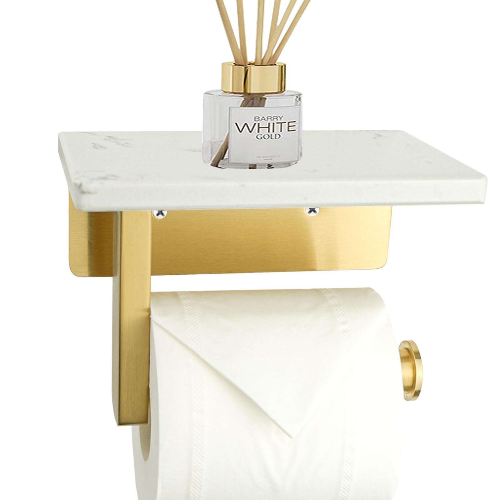 Porte-papier toilette avec étagère, porte-rouleau de papier toilette en or marbre blanc, en acier inoxydable brossé, montage mural pour cuisine et salle de bain (or)