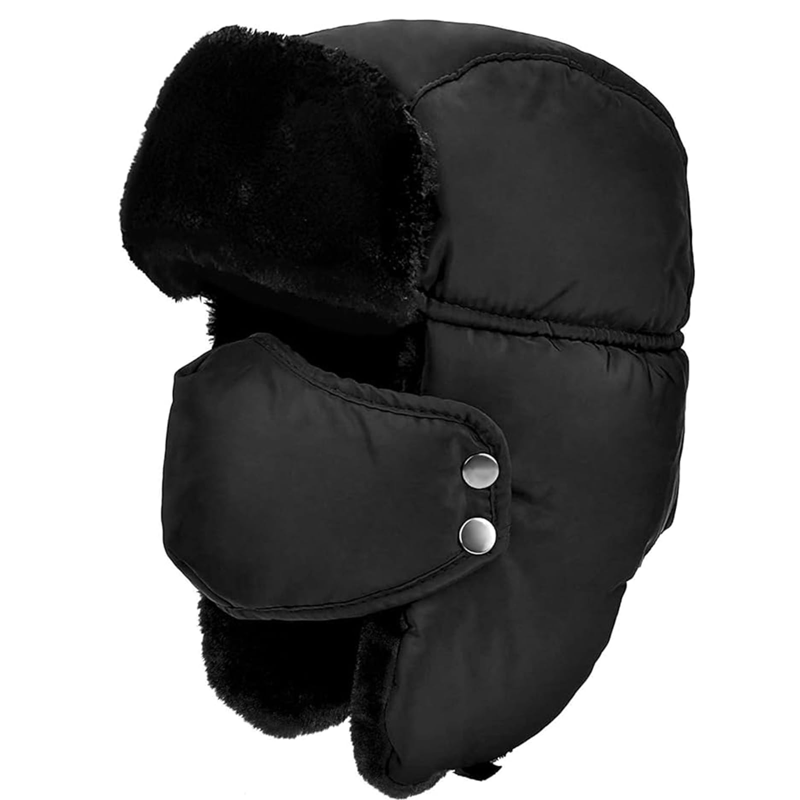 JollyDragon Unisex Thermal Trapper Hat Adult,Faux Fur Winter Hats with Ear Flap and Mask,Black Windproof Russian Hat for Skating, Skiing, Hunting,Daily Use