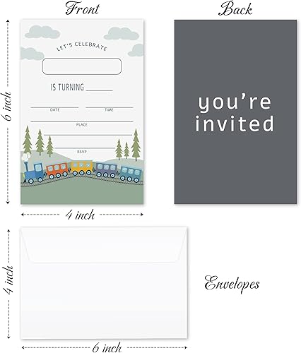 Miniatura 2 de Apankiw Tarjetas de invitaciones de fiesta de cumpleaños de tren para niños o niñas, invitación de cumpleaños moderna, 20 invitaciones con sobres,