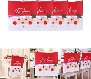 ACELEY Funda Trasera de Silla navideña, 4 Piezas de Fundas de Asiento con temática navideña con Luces de Papá Noel para la Fiesta de Navidad Decoración Festiva Diseño de Sombrero de Papá Noel