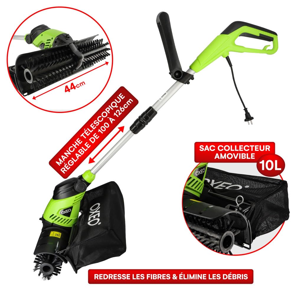 Brosse motorisée nettoyage gazon synthétique 300W largeur travail 44cm Balai Gazon Artificiel Sac collecteur 10L