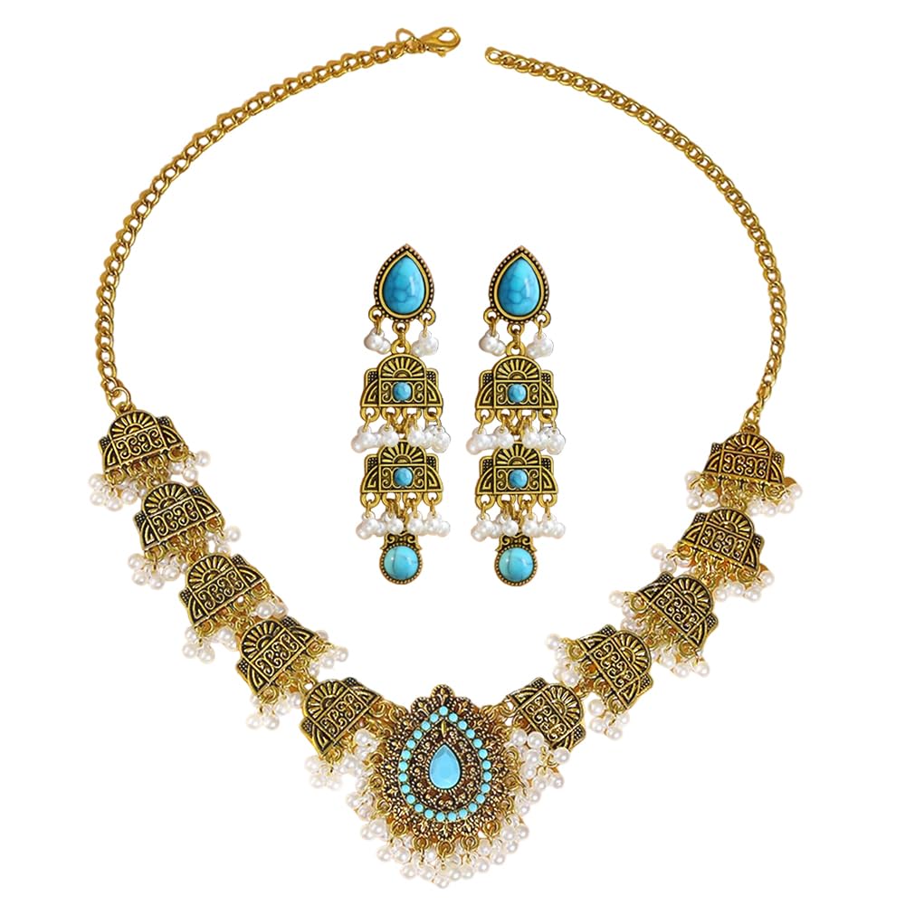 NewZenro Gold Plated Ethnic Sun CZ Pearl Beaded Tassel Dangle Drop Stud Earrings Indian Traditional Teardrop Choker Necklace Set for Women Gold Plated Fashion Antique Bollywood Jewelry