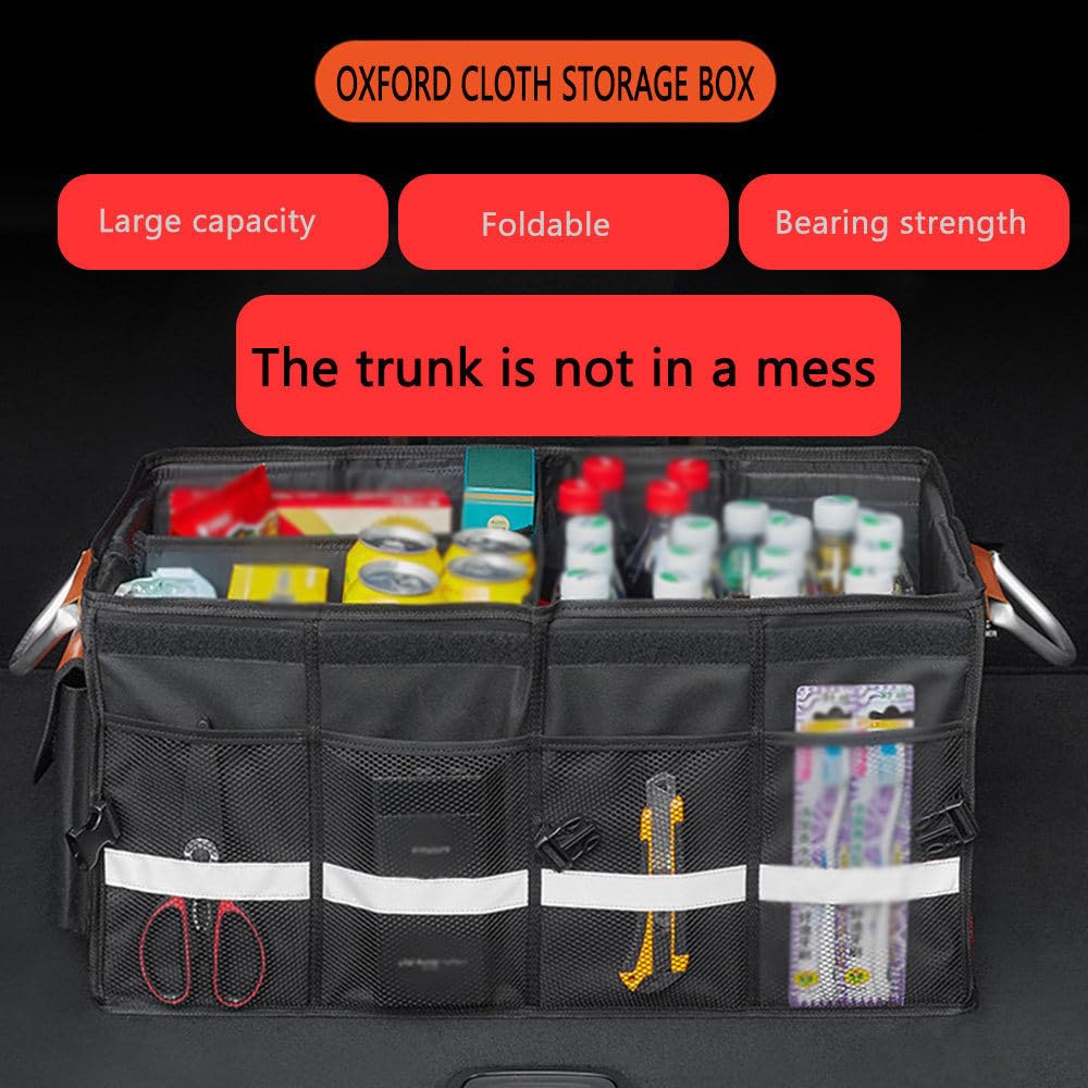 HWYYLXS Caja De Almacenamiento para Maletero De Coche con Tapa: Caja De Almacenamiento Plegable De 3 Compartimentos con Asas De Aluminio Y Tiras Reflectantes para SUV, CamióN Y Coche