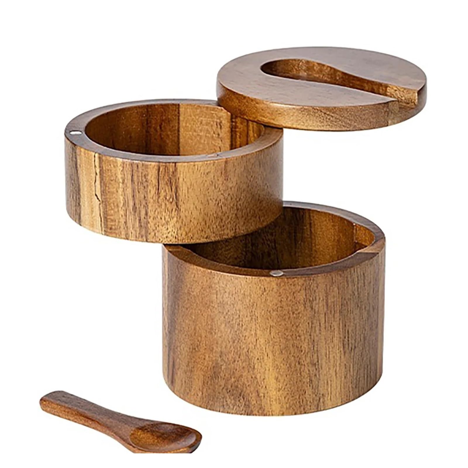 LuoAXINN Wooden Salt Cellar Acacia Wood Salt Cellar with Swivel Cover Spice Keeper for Table Herbs or Seasonings(2 Layer)