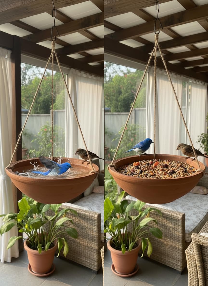 Terracotta Bird Feeder & Hanging Water Bowl for Balcony | Natural Clay Bird Bath Trey for Garden, Wall & Tree Mounting | Weatherproof Breeding & Feeding Station for Wild Birds, Sparrows-image-14