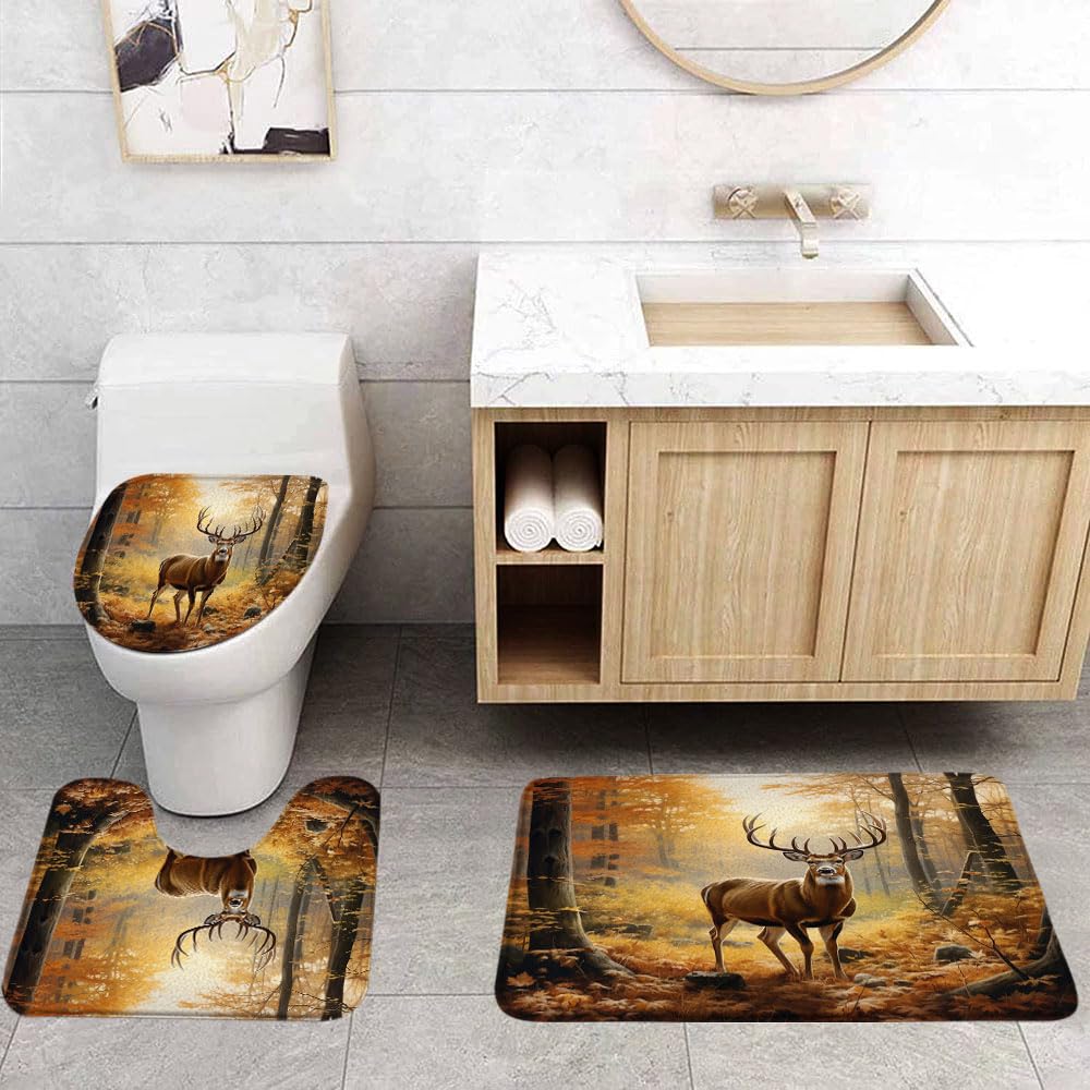 VPUPCN Fall Deer Forest 3 Pcs Bath Rugs Set,Whitetail Elk Wildlife Animal Rustic Cabin Autumn Hunting Nature Bathroom Kitchen Rug with 17.8