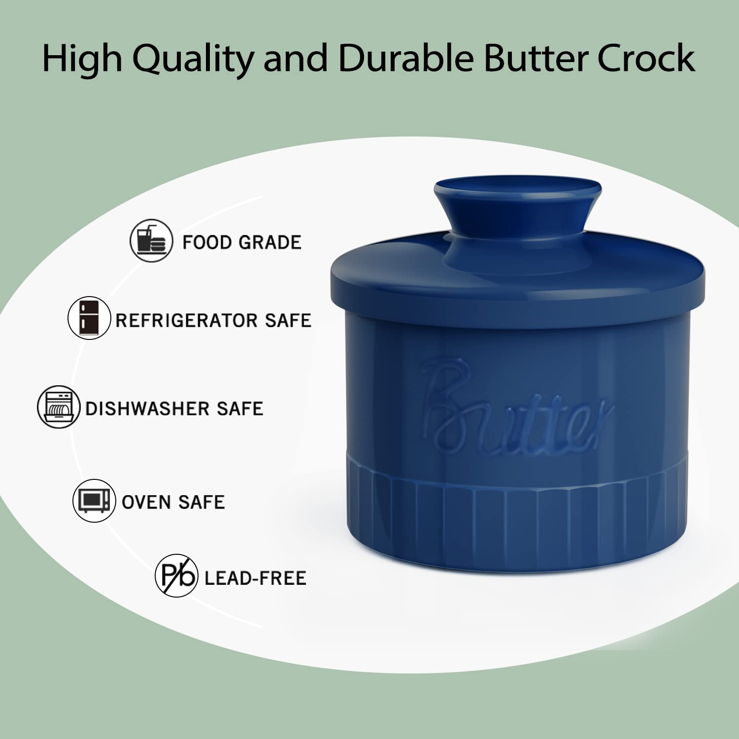 Beurrier Français En Céramique (Cloche à Eau) - 10x7,6 Cm, Bleu - Pour Beurre Tartinable Et Frais