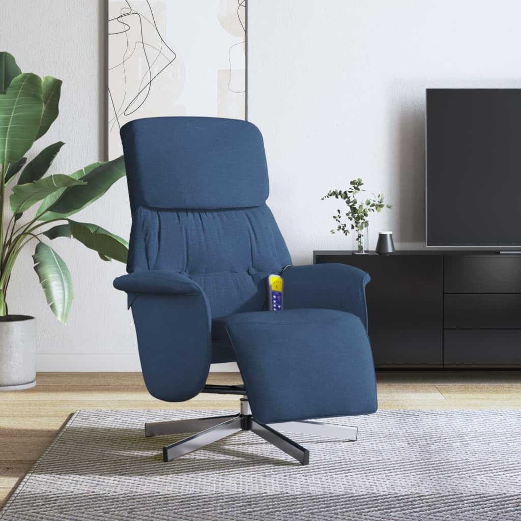 vidaXL Fauteuil Inclinable de Massage avec Repose-Pieds sans Adaptateur Secteur, Siège avec Accoudoirs, Chaise de Relaxation avec Dossier Salon, Moderne, Bleu Tissu