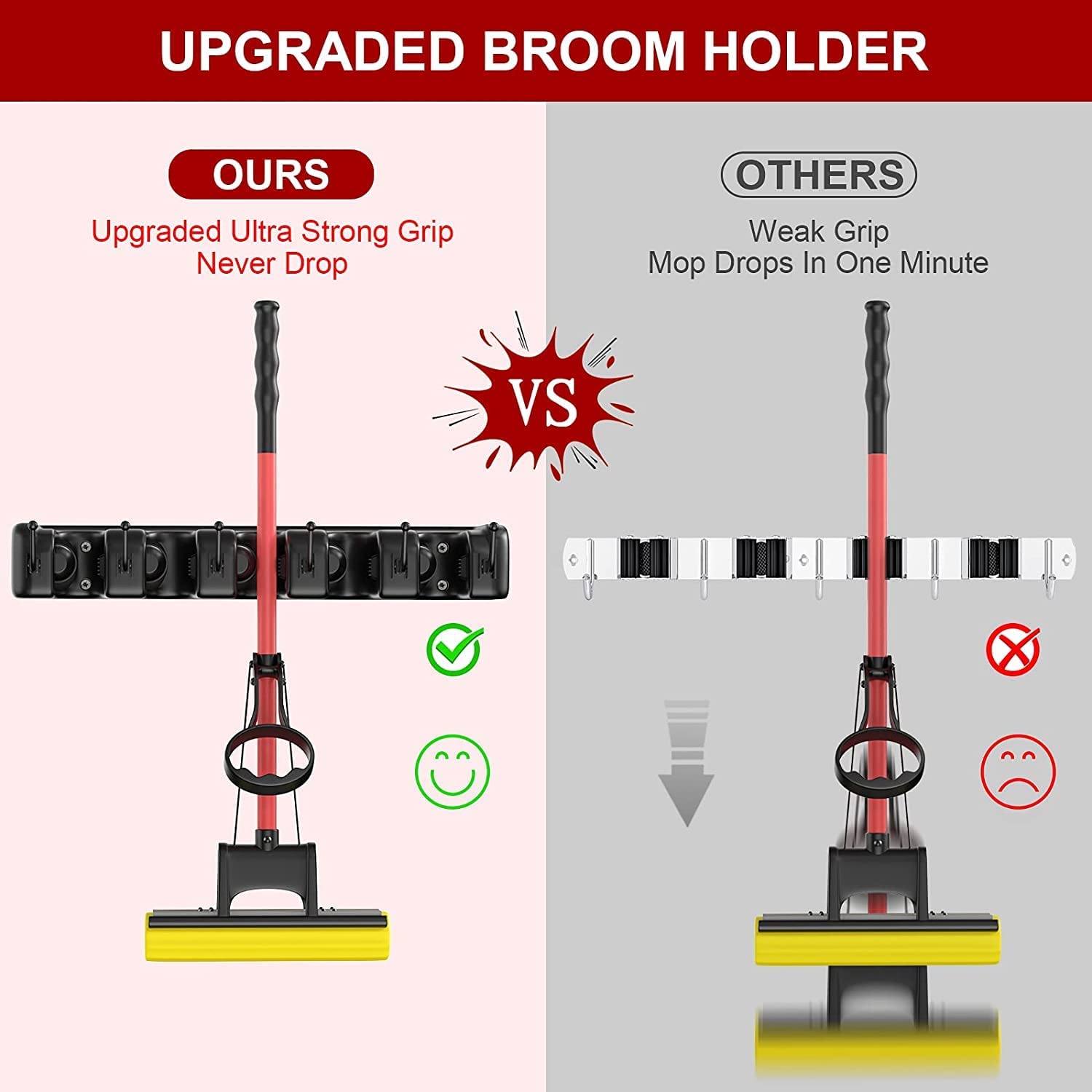 Kienlix Plastic Mop And Broom Holder Wall Mount Hanging Shelves, Heavy Duty Broom Holder Wall Mounted Or Tool Organizer For Home Garden Garage And Storage (5 Positions With 6 Hooks) (Black) - Image 2 thumbnail