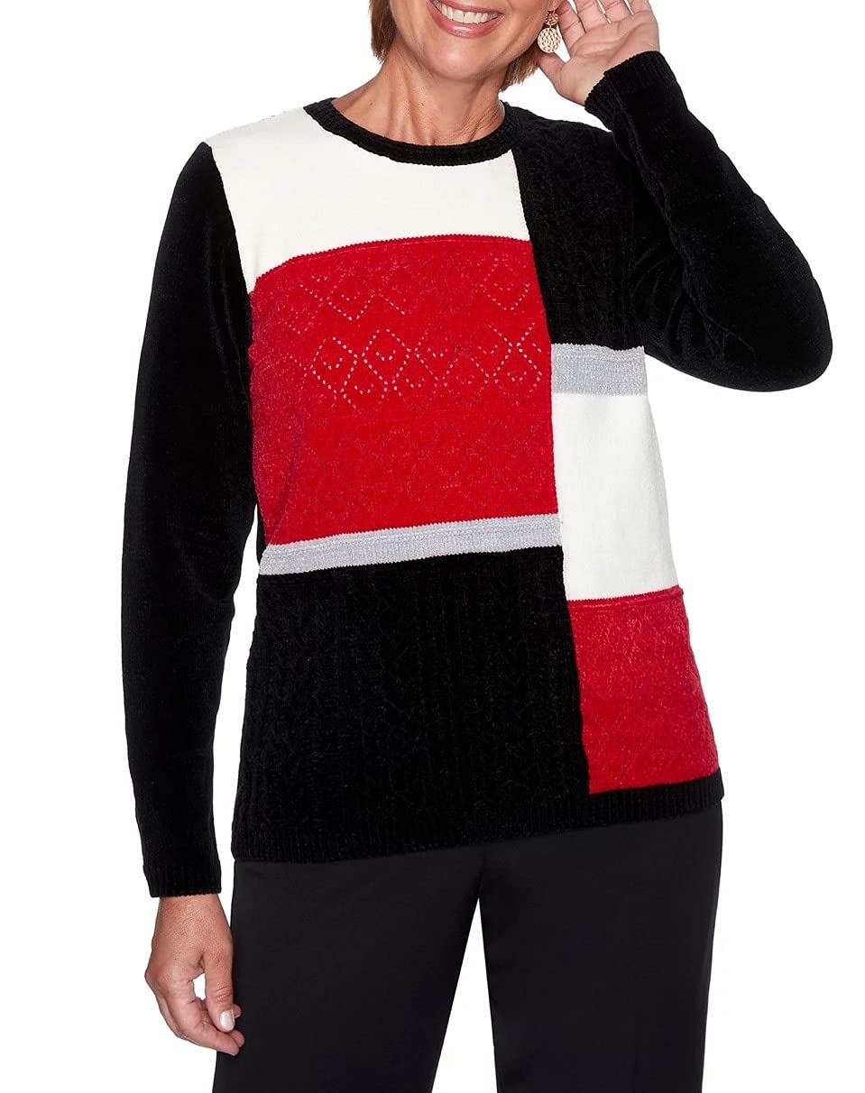 Alfred Dunner Womens Petite Cozy Colorblock Chenille Sweater