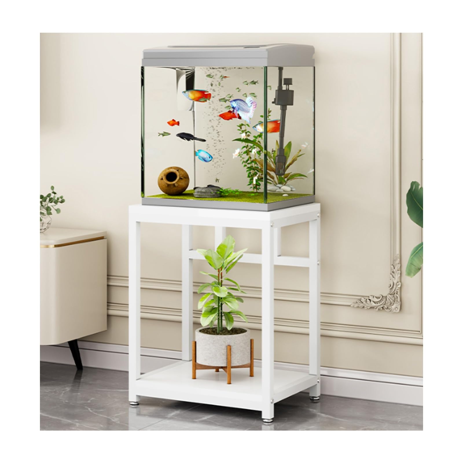 Soporte de metal para acuario con estante de madera de 2 niveles