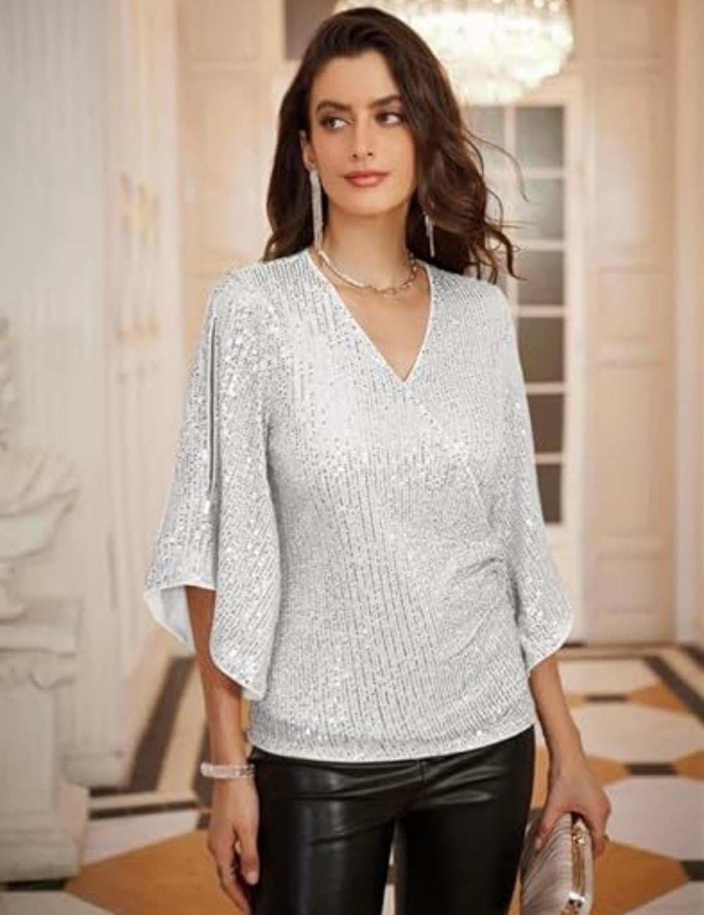 Camicetta elegante da donna con maniche a 3/4, con scollo a V, con paillettes glitterate, per feste e serate