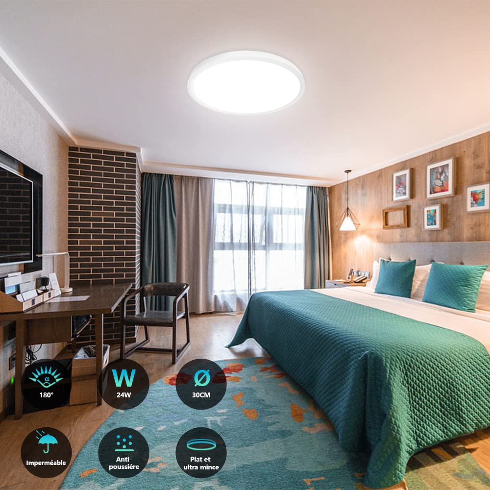 NEEMOSI 24W Plafonnier LED Dimmable, Luminaire Plafonniers Avec Télécommande&Veilleuse 1800K&Minuterie, Éclairage De Plafond Rond, Plafonnier Pour Salle De Bain Chambre Salon Cuisine Couloir 29.5cm