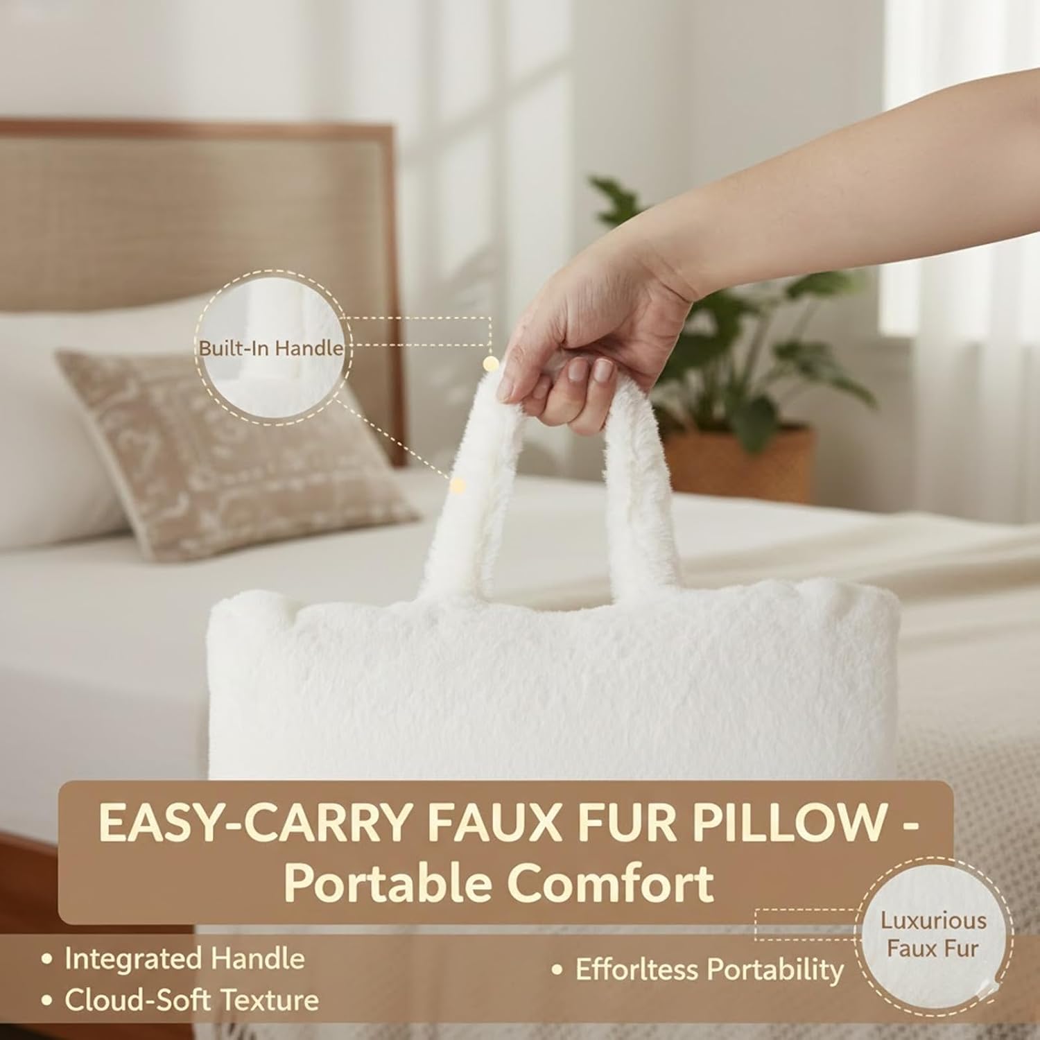 Reading Pillow with Arms for Sitting in Bed, Backrest Support Cushion Soft Back Pillow for Couch, Sofa & Floor, Dorm Essentials, Washable Cover, Faux Fur Wedge Cushion for Adults,Children,Student