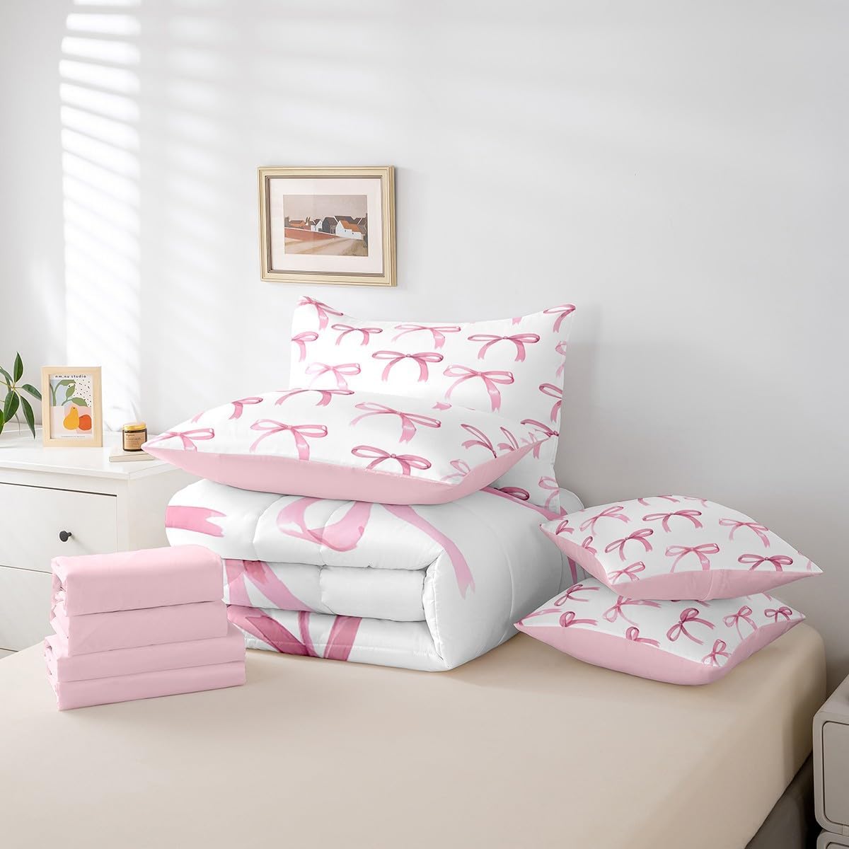 Feelyou Bow Bedding Set for All Season Boys Girls Twin Size Cute Bowknot 7 Pieces Comforter Sets for Kids Women Men Pink Girls Bow Bed in a Bag with Comforter, Sheets, Pillowcases & Cushion Cover