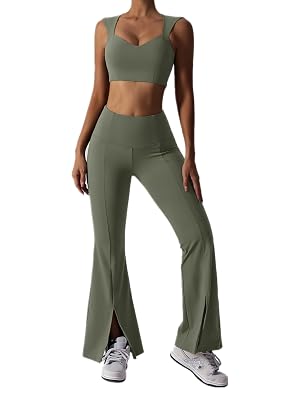 ABOCIW Workout Sets for Women 2 Piece High Waist Flared Leggings Slit Hem V Neck Sports Bra Gym