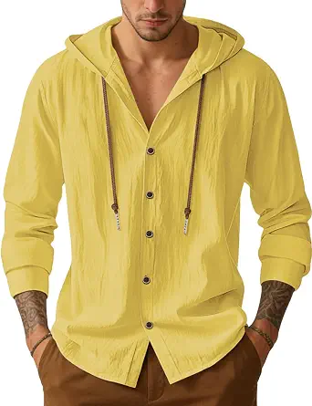 Mens Cotton Linen Button Down Hoodies Long Sleeve Casual Hoodies Hawaiian Beach Top Lightweight Fashion Shirts